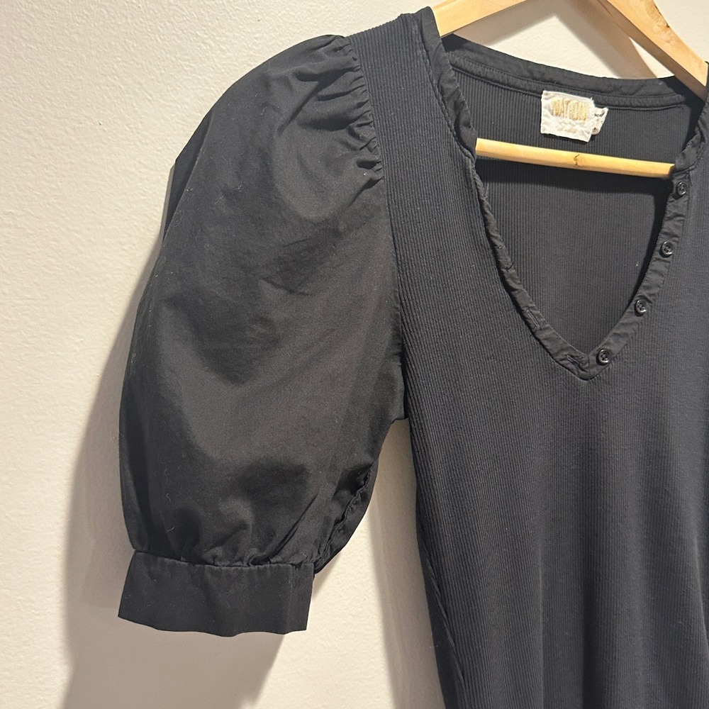 Nation LTD Natalie Combo Tee Womens Small Puff Sleeve V-Neck Top Black Organic - Picture 5 of 8